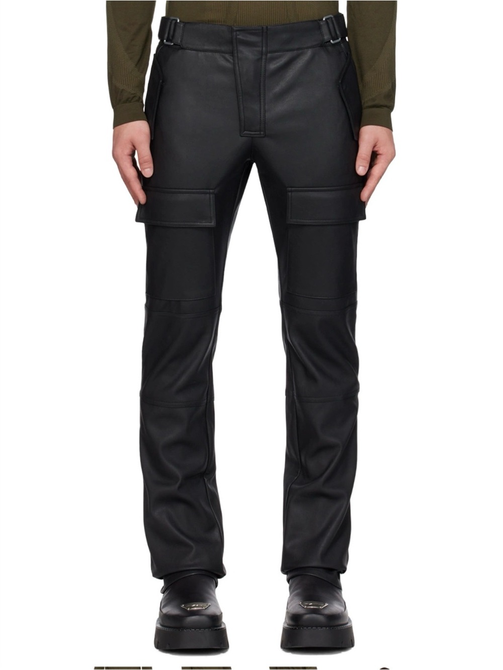 Black Faux Leather Cargo Pants with Utility Pockets